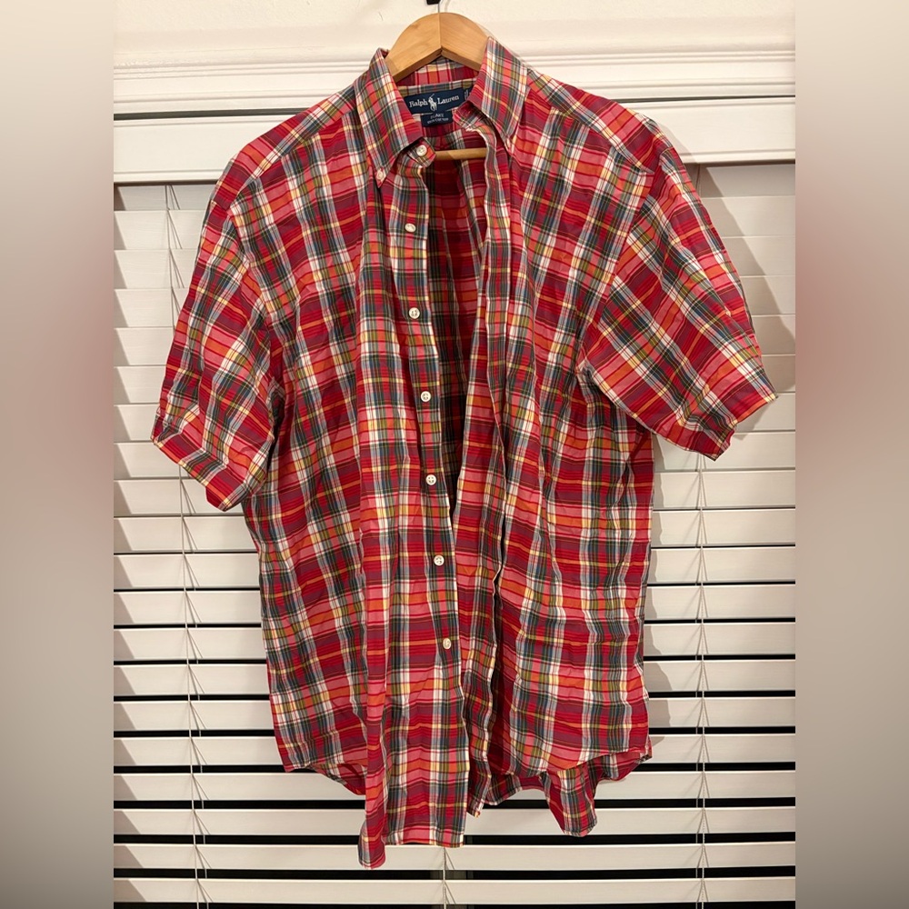 Mens Red Plaid Button Down Short Sleeve Shirt